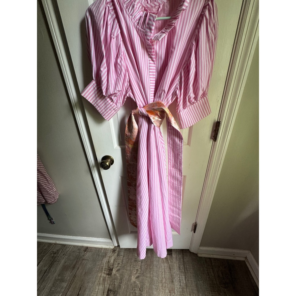 BURU Pink White Striped Puff Sleeve Midi Dress Floral Brocade Sash Large Womens